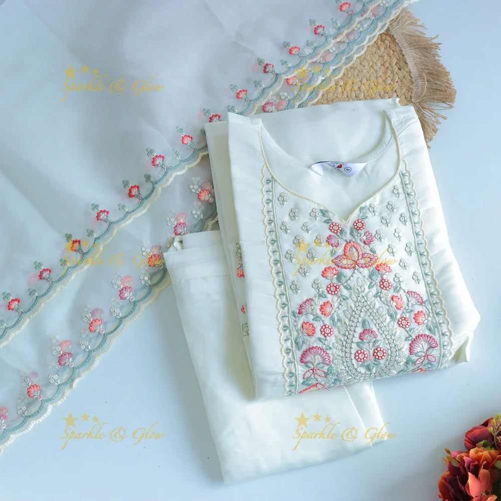 Beautiful Modal Silk Kurti pant with Organza Dupatta set- White - Sparkle and Glow