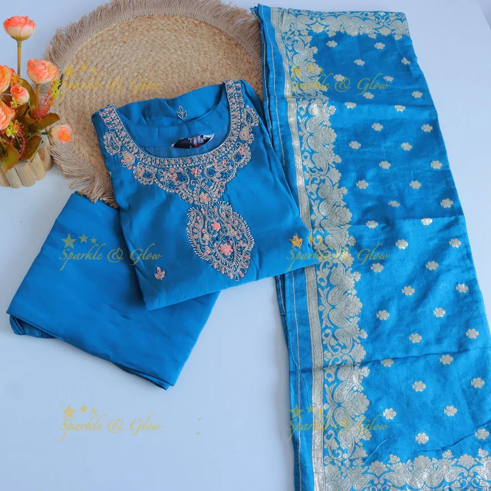 Gorgeous Roman Silk Kurti pant with Banarasi jacquard Dupatta set- Blue - Sparkle and Glow