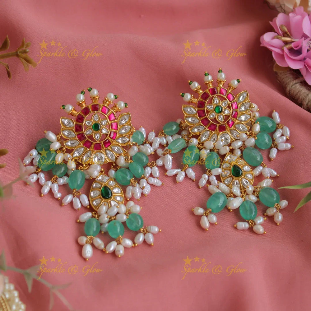 Exclusive grand Peacock and floral jadau long necklace with green beads and rice pearls - Sparkle and Glow