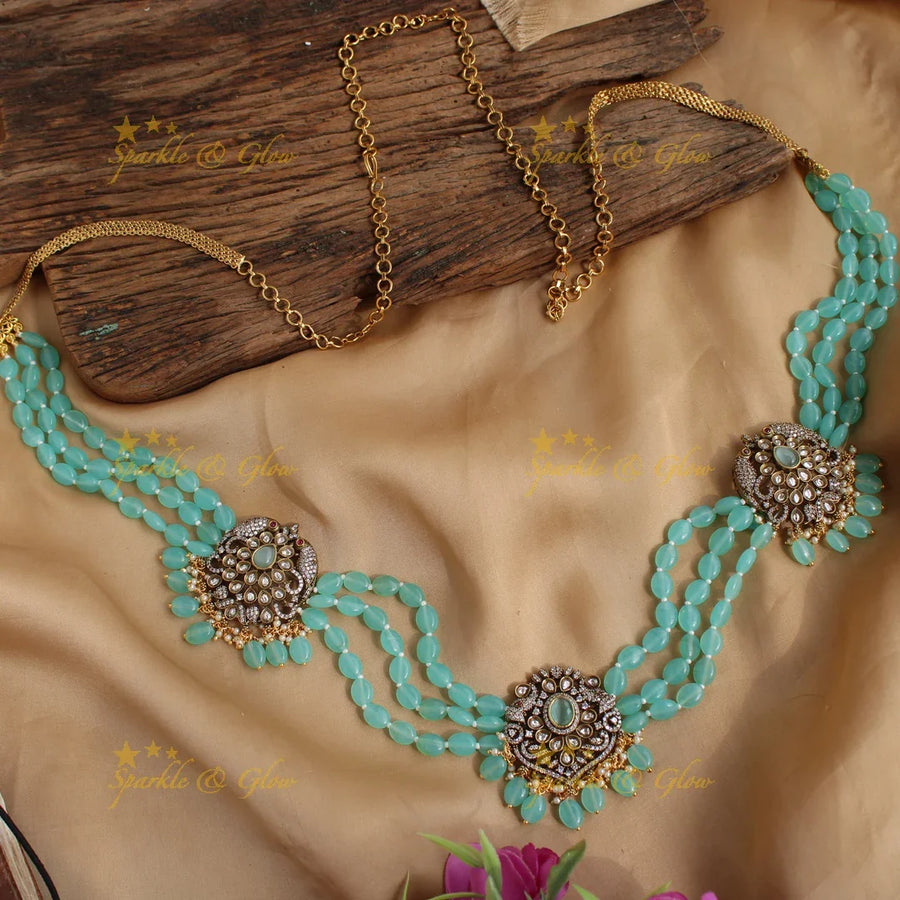 Beautiful multi layer sea blue beads peacock design Victorian AD Hip chain - Sparkle and Glow