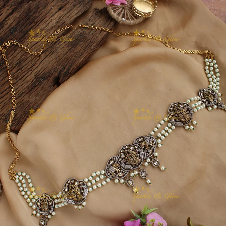 Elegant Radha krishna carved Victorian AD Hip chain with multi layer pearl chain - Sparkle and Glow