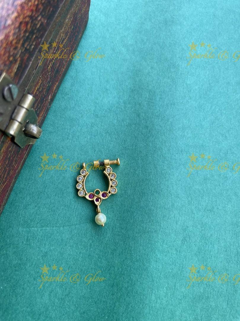 Gold AD Screw type nosepin - White - Sparkle and Glow