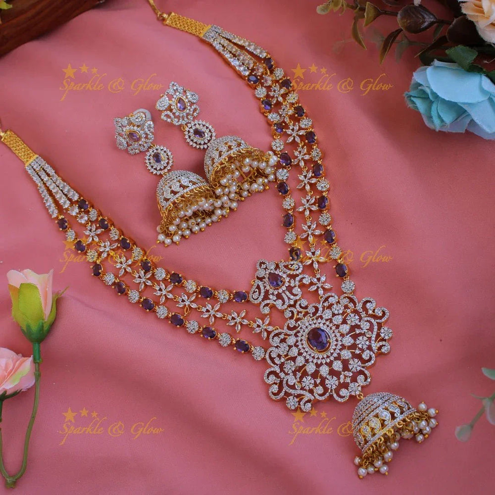GJ Polish three layered floral AD necklace with beautiful jhumkas - Green - Sparkle and Glow