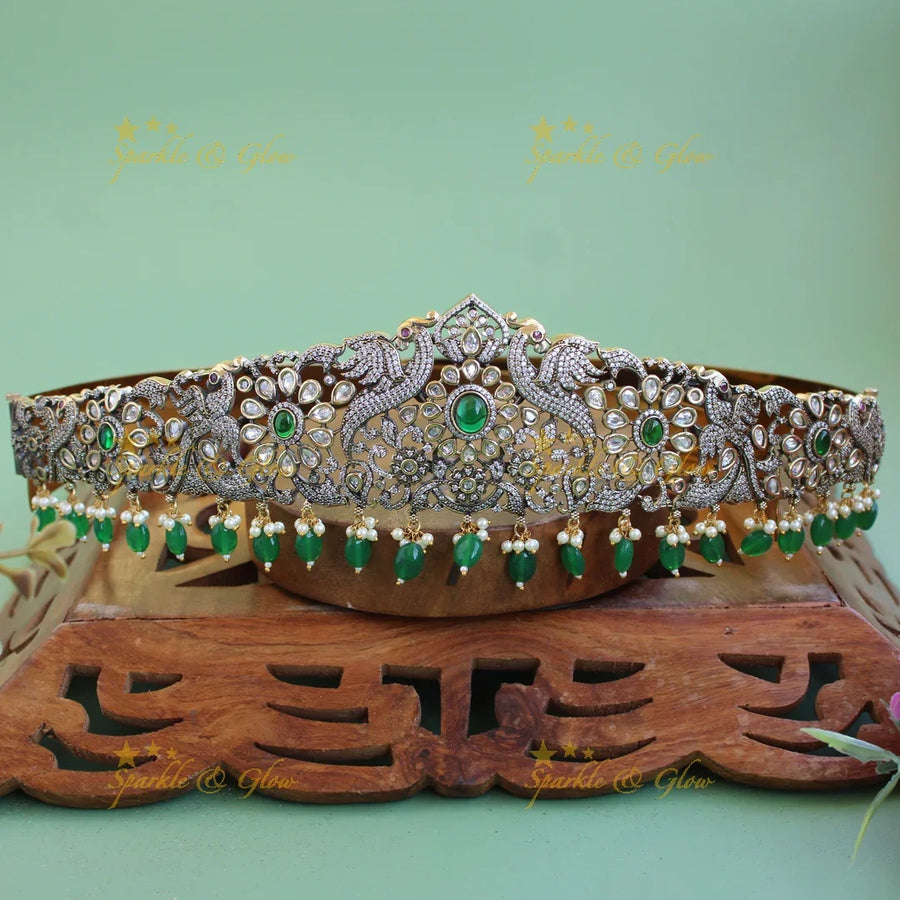 Gorgeous Peacock floral design black finish victorian ad hipbelt with green beads and stones - Sparkle and Glow