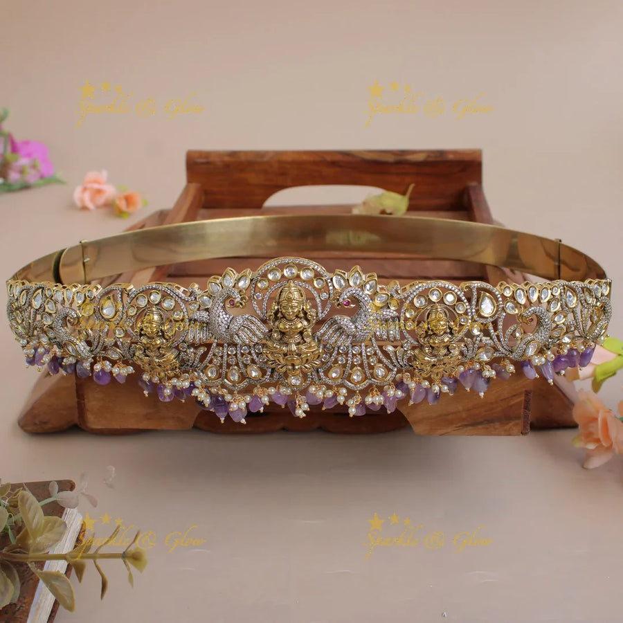 Exclusive Lakshmi peacock carved silver and gold finish victorian ad hipbelt with pearls and baby pink beads - Sparkle and Glow