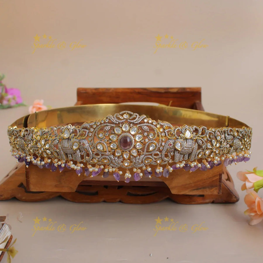 Gorgeous Elephant and floral design silver and gold finish victorian ad hipbelt with pearls and red beads - Sparkle and Glow