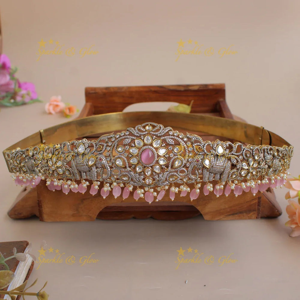 Gorgeous Elephant and floral design silver and gold finish victorian ad hipbelt with pearls and red beads - Sparkle and Glow
