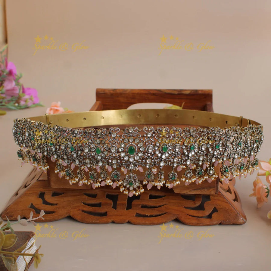 Grand intricate floral design black finish victorian ad hipbelt with emeralds and baby pink beads with flower drops - Sparkle and Glow