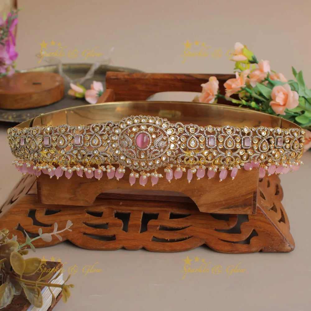 Stunning Peacock and floral design gold finish victorian ad hipbelt with pearls pink beads and stones - Sparkle and Glow