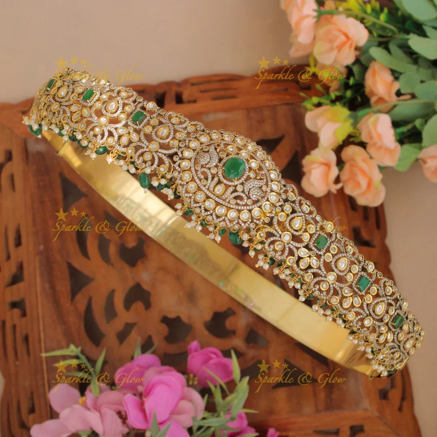 Stunning Peacock and floral design gold finish victorian ad hipbelt with pearls pink beads and stones - Sparkle and Glow