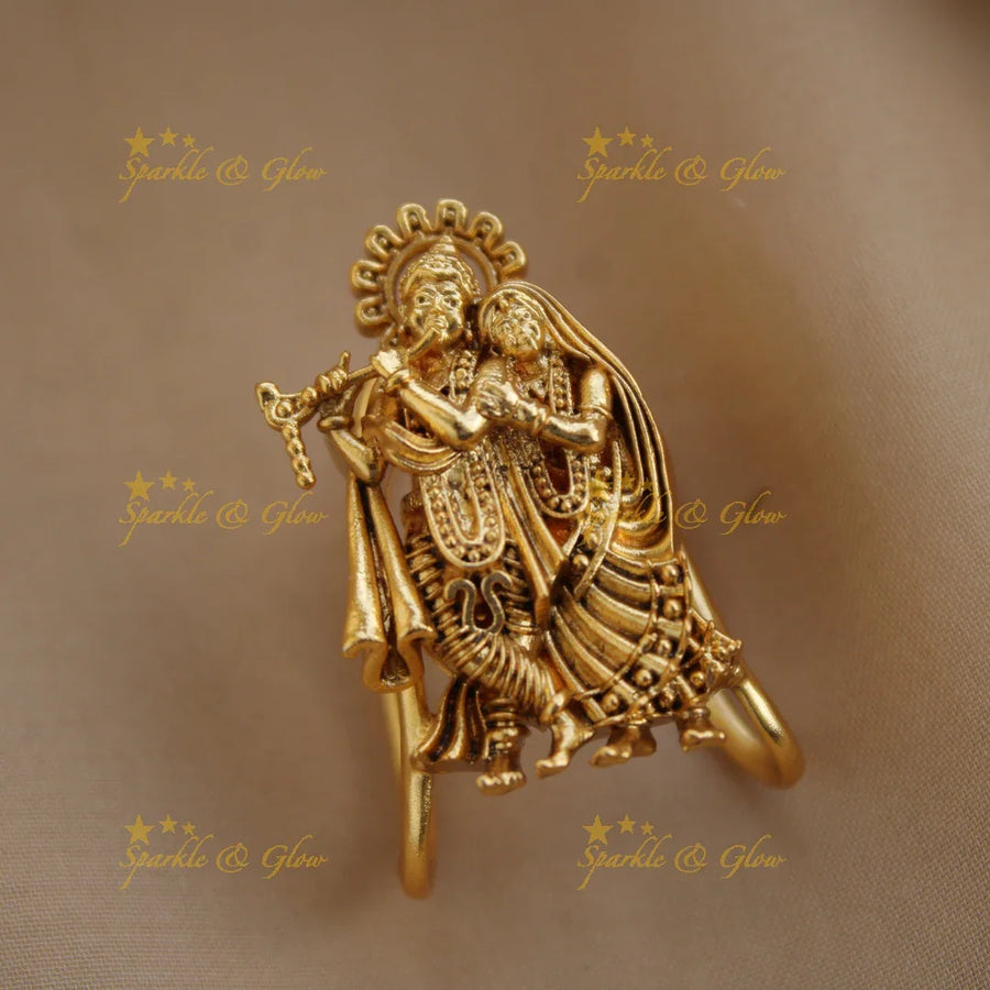 Gold alike Radha Krishna carved finger ring - Sparkle and Glow