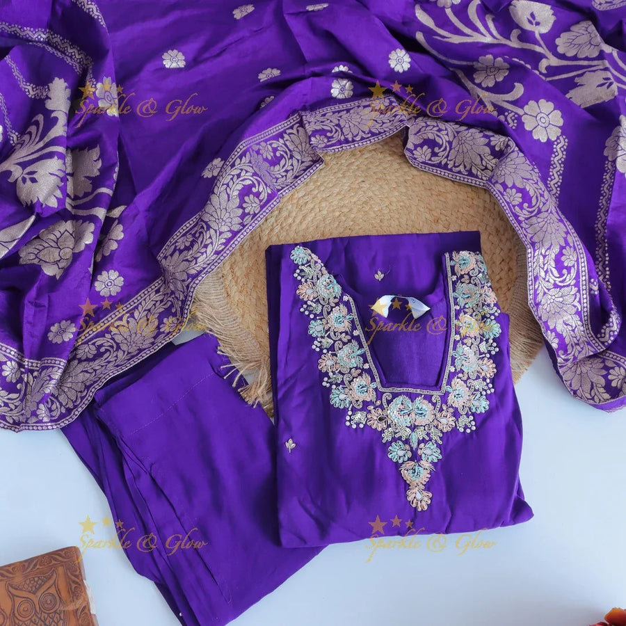 Gorgeous Roman Silk Kurti pant with Banarasi jacquard Dupatta set- Purple - Sparkle and Glow