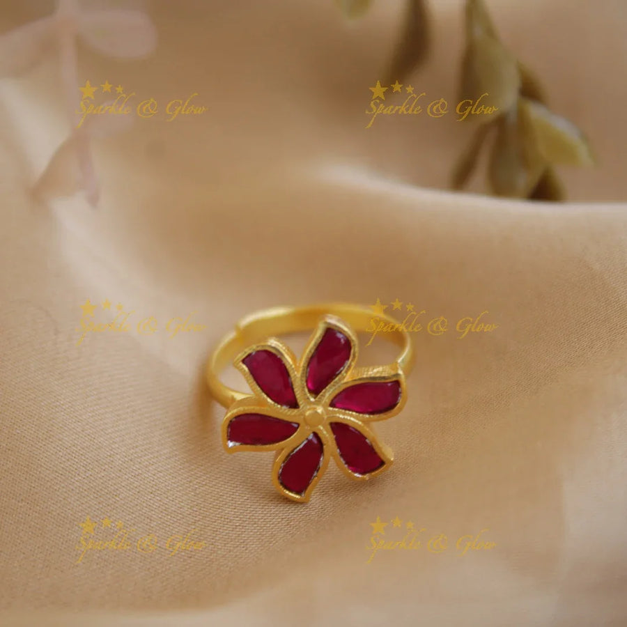 Elegant Floral design jadau finger ring , red - Sparkle and Glow