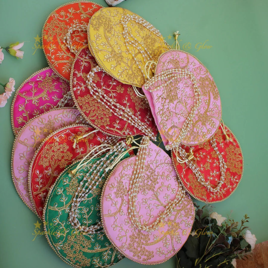 Two side gold and white Embroidered 8*8 inch potli bags with pearls - Sparkle and Glow