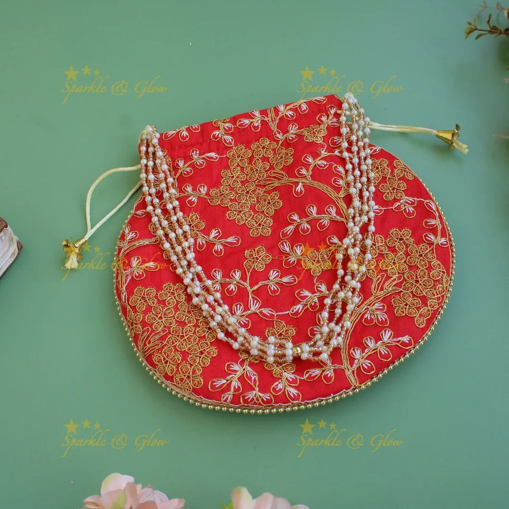 Two side gold and white Embroidered 8*8 inch potli bags with pearls - Sparkle and Glow