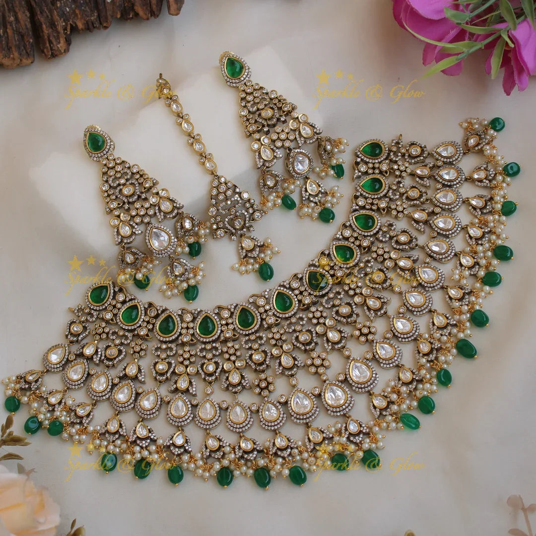 Grand intricate Bridal floral design Victorian AD choker with maang tikka -Purple - Sparkle and Glow