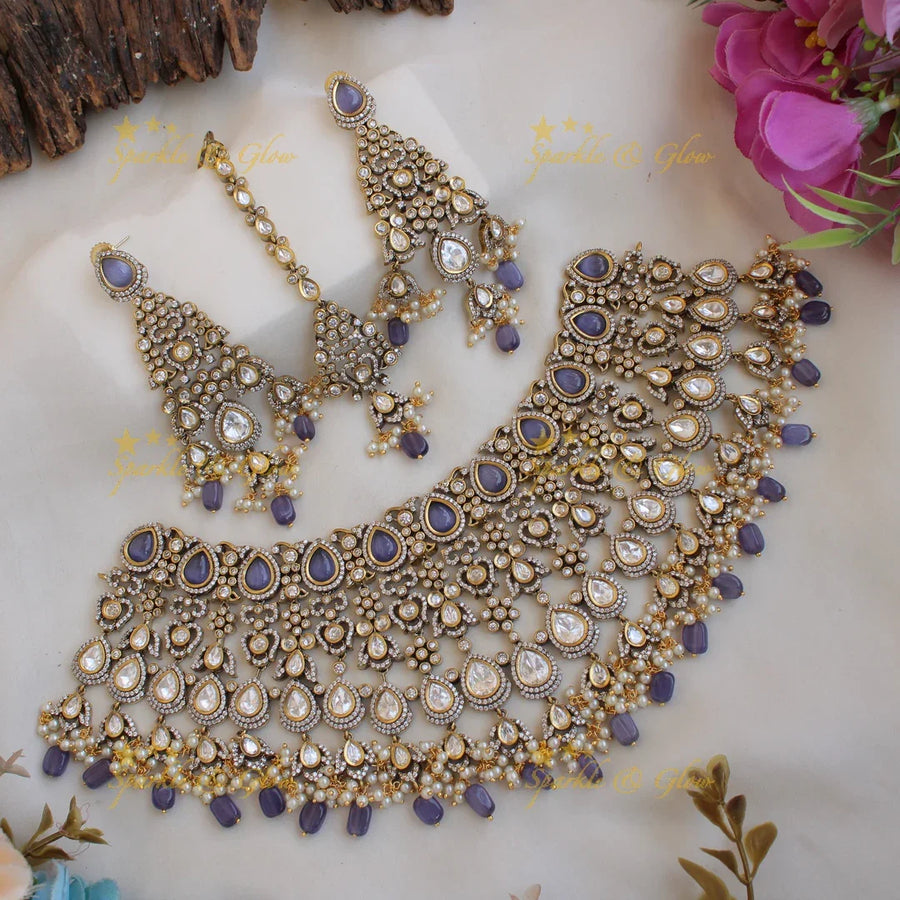 Grand intricate Bridal floral design Victorian AD choker with maang tikka -Purple - Sparkle and Glow