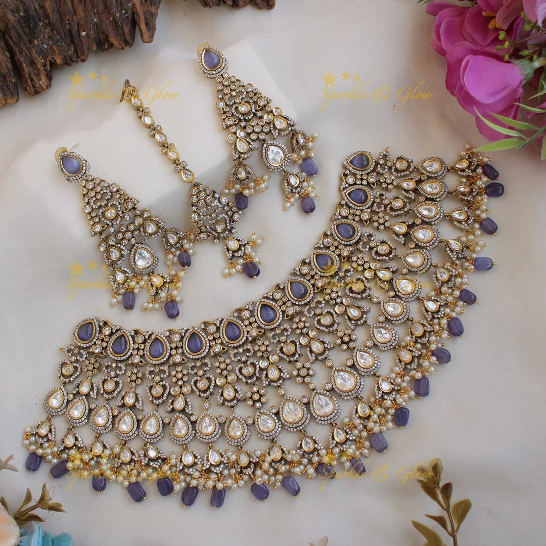 Grand intricate Bridal floral design Victorian AD choker with maang tikka -Purple - Sparkle and Glow