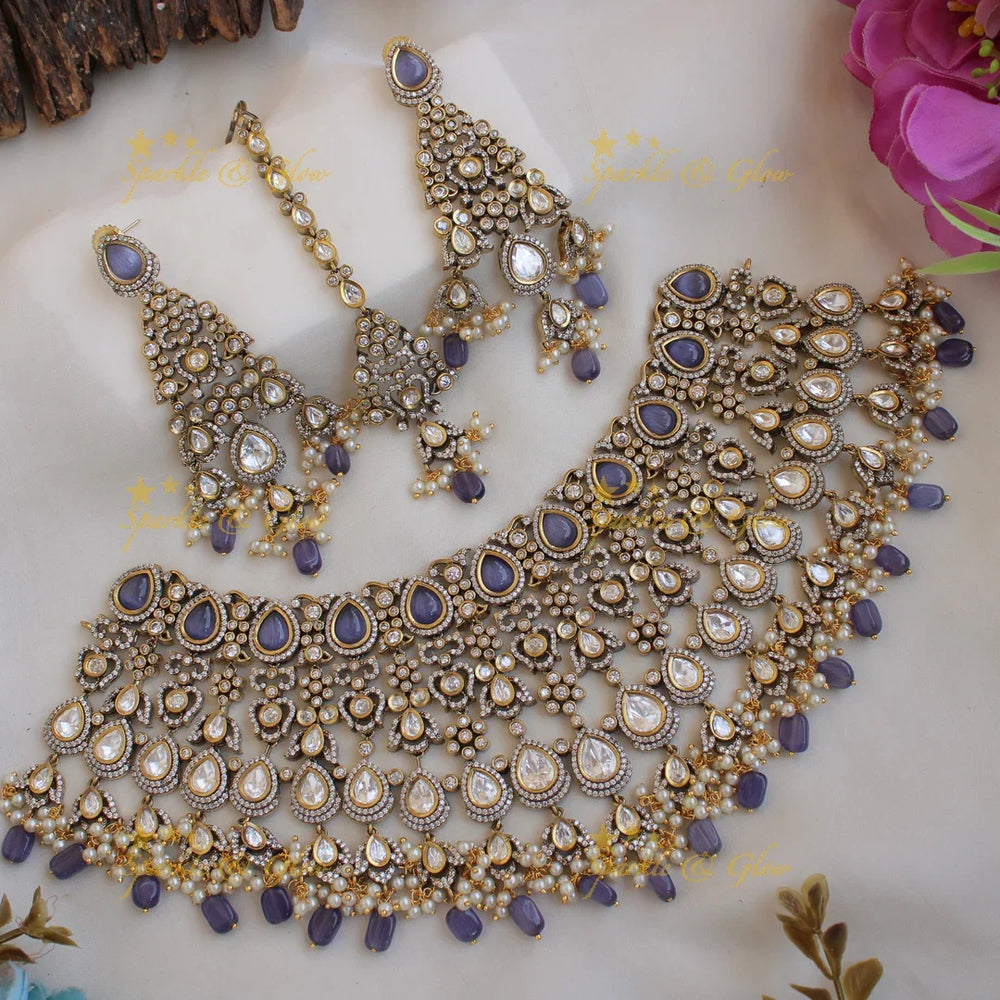 Grand intricate Bridal floral design Victorian AD choker with maang tikka -Purple - Sparkle and Glow