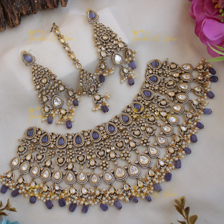 Grand intricate Bridal floral design Victorian AD choker with maang tikka -Purple - Sparkle and Glow