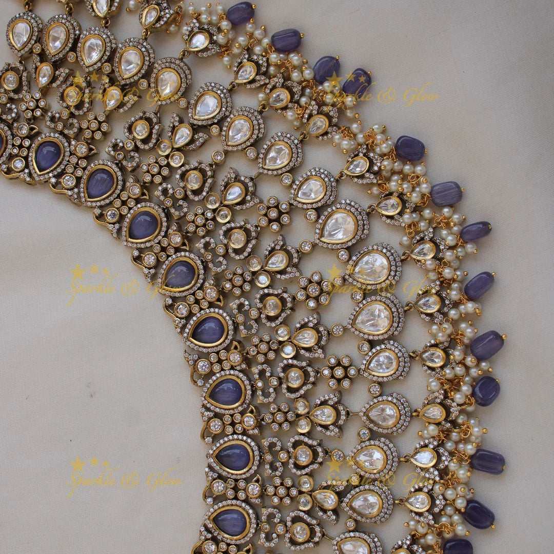 Grand intricate Bridal floral design Victorian AD choker with maang tikka -Purple - Sparkle and Glow