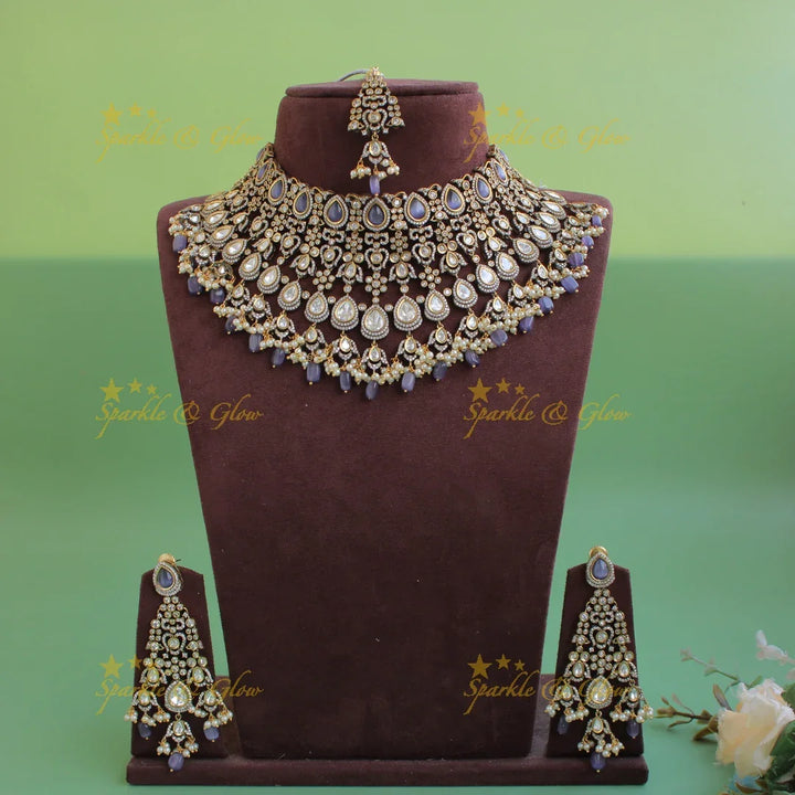 Grand intricate Bridal floral design Victorian AD choker with maang tikka -Purple - Sparkle and Glow