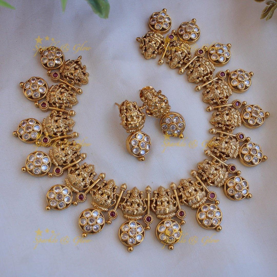 Beautiful Lakshmi bottu short necklace with white stones - Sparkle and Glow
