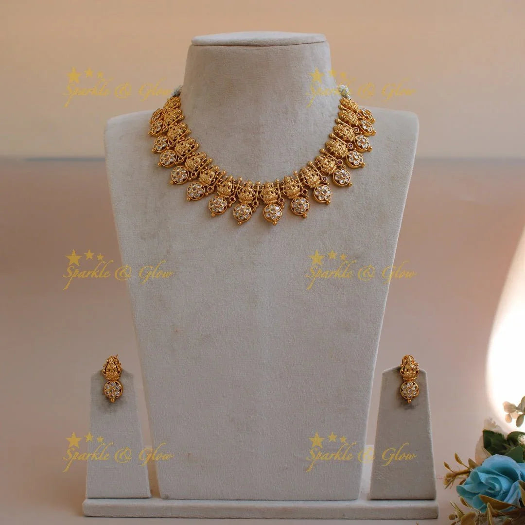 Beautiful Lakshmi bottu short necklace with white stones - Sparkle and Glow