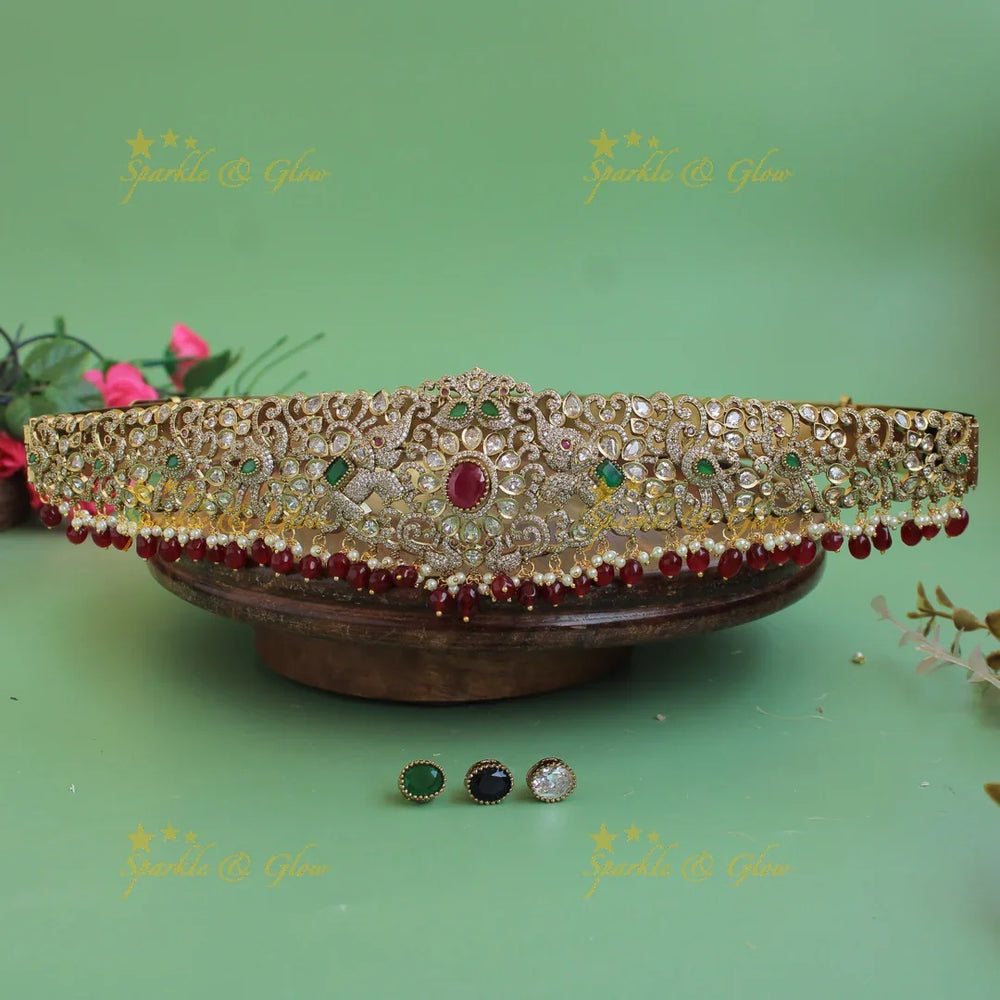 Stunning Elephant peacock design gold finish victorian ad hipbelt with interchangeable stones and Mint green beads - Sparkle and Glow