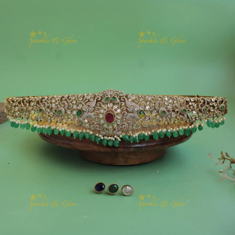 Stunning Elephant peacock design gold finish victorian ad hipbelt with interchangeable stones and Mint green beads - Sparkle and Glow