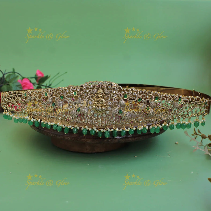 Gorgeous Lakshmi peacock elephant carved gold finish victorian ad hipbelt with ruby emerald and Mint green beads - Sparkle and Glow
