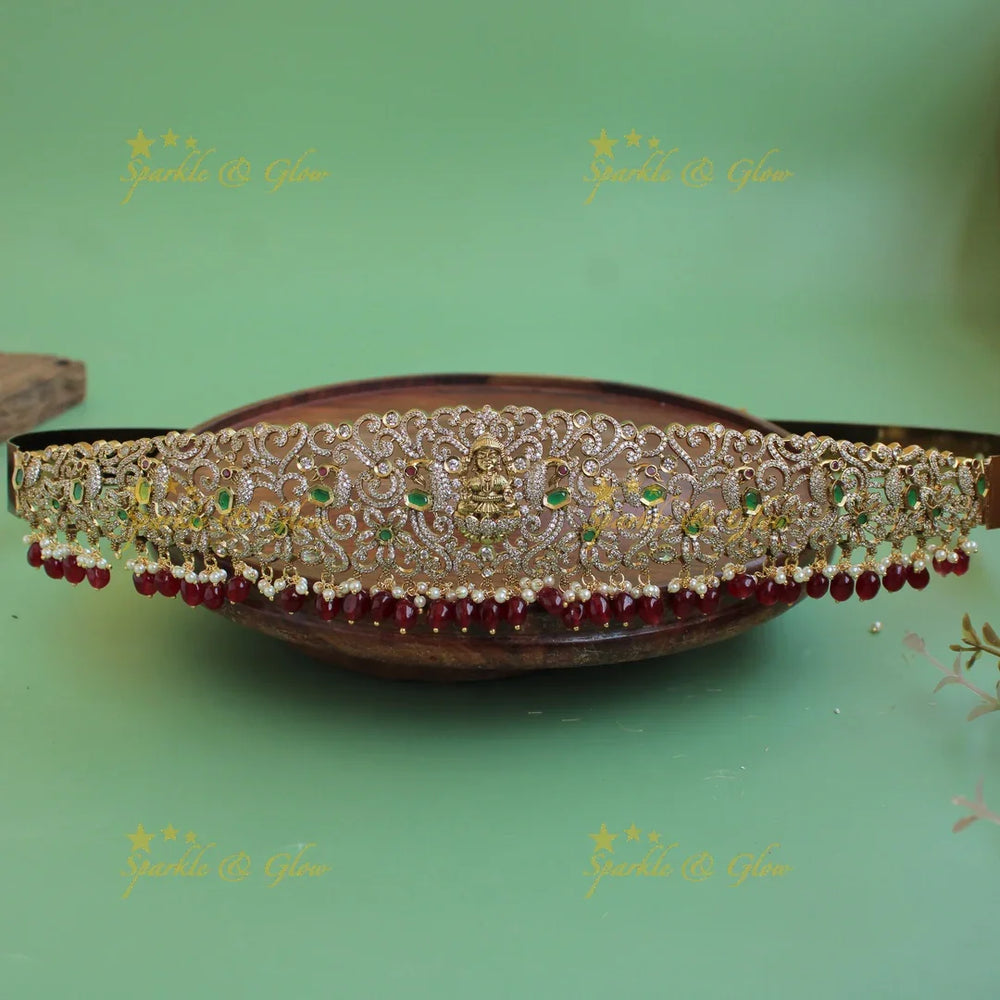 Gorgeous Lakshmi peacock carved gold finish victorian ad hipbelt with ruby emerald and red beads - Sparkle and Glow