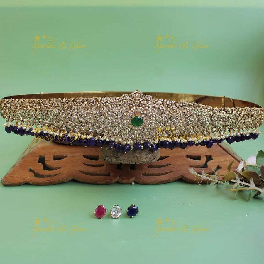 Grand Floral design white finish victorian ad hipbelt with interchangeable stones and blue beads - Sparkle and Glow