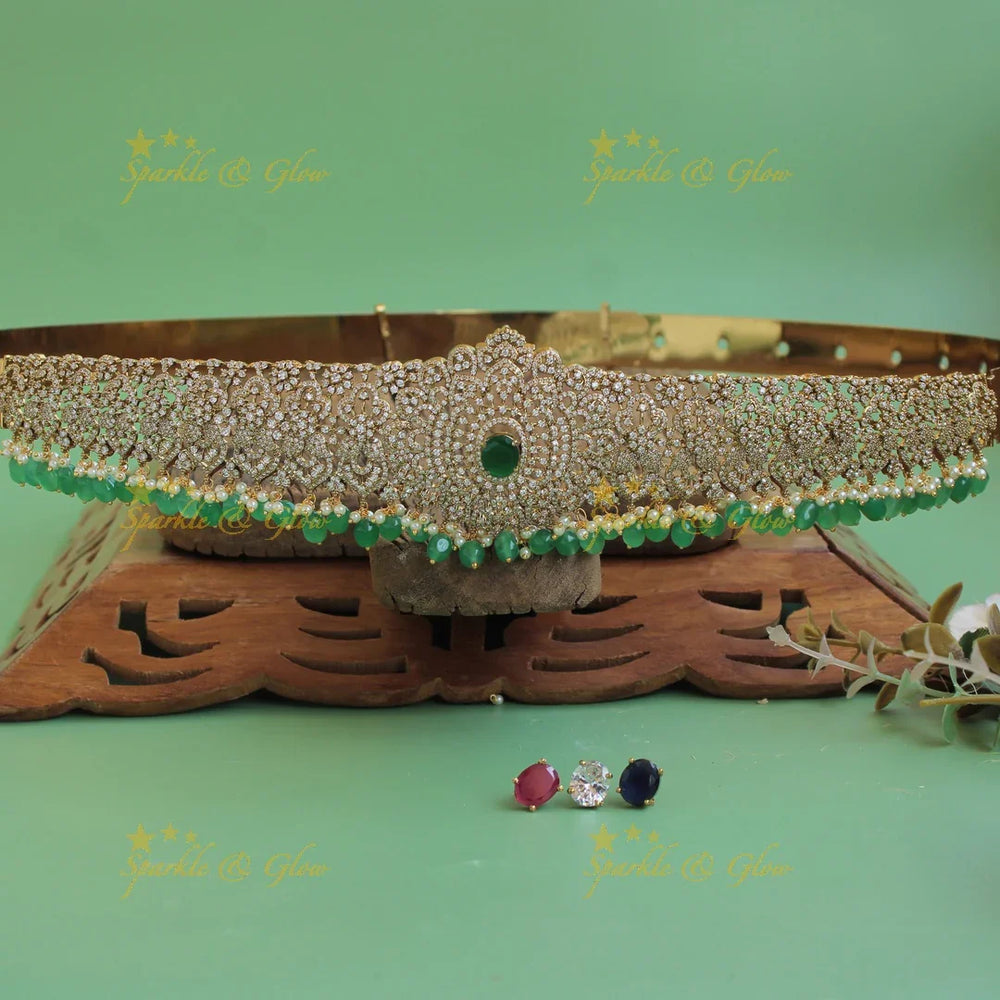 Grand Floral design white finish victorian ad hipbelt with interchangeable stones and blue beads - Sparkle and Glow