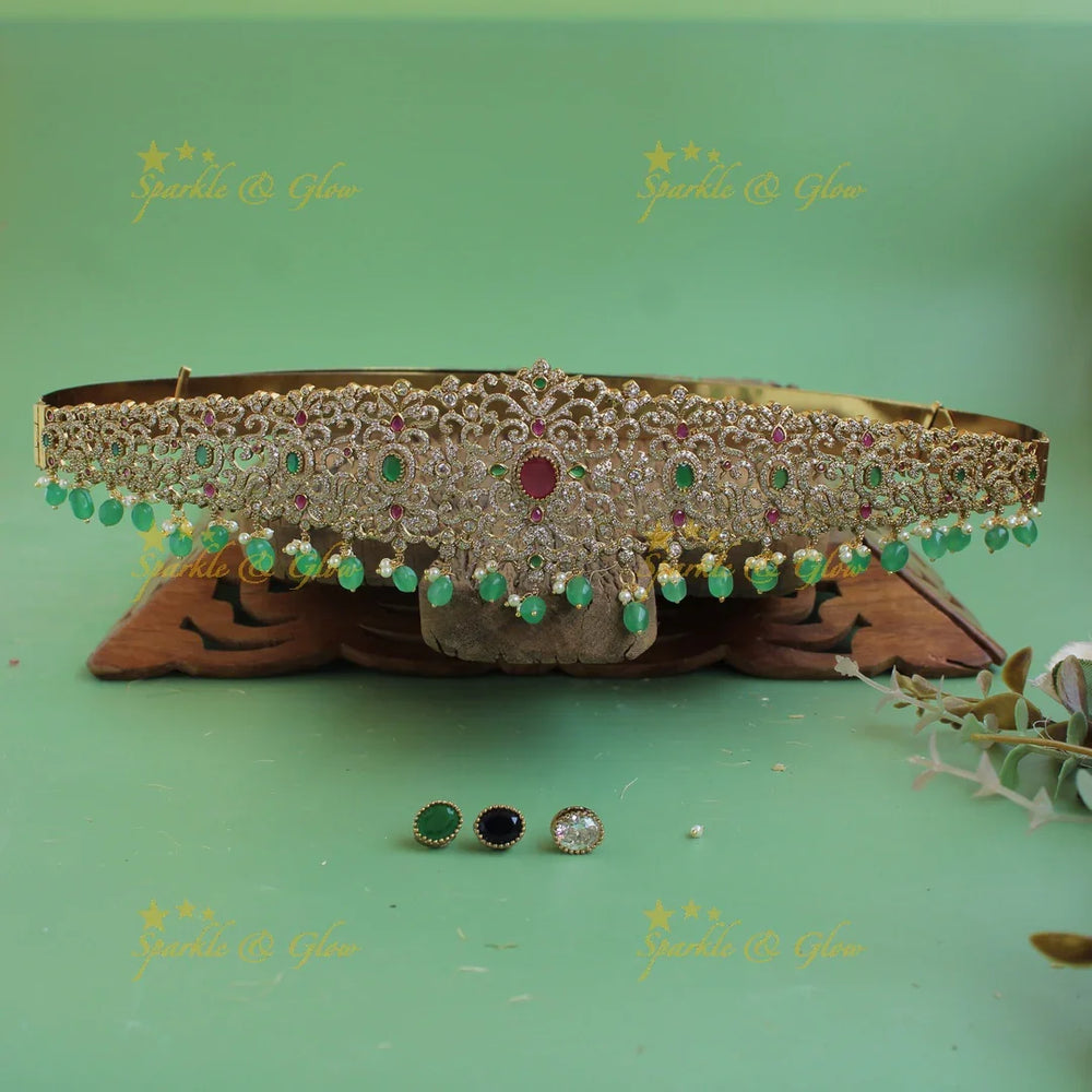 Elegant flower design gold finish victorian ad hipbelt with interchangeable stones and mint green beads - Sparkle and Glow