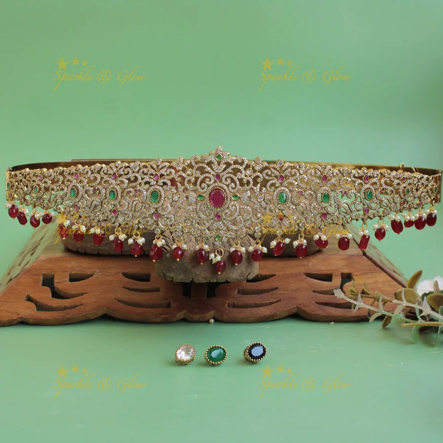 Elegant flower design gold finish victorian ad hipbelt with interchangeable stones and mint green beads - Sparkle and Glow