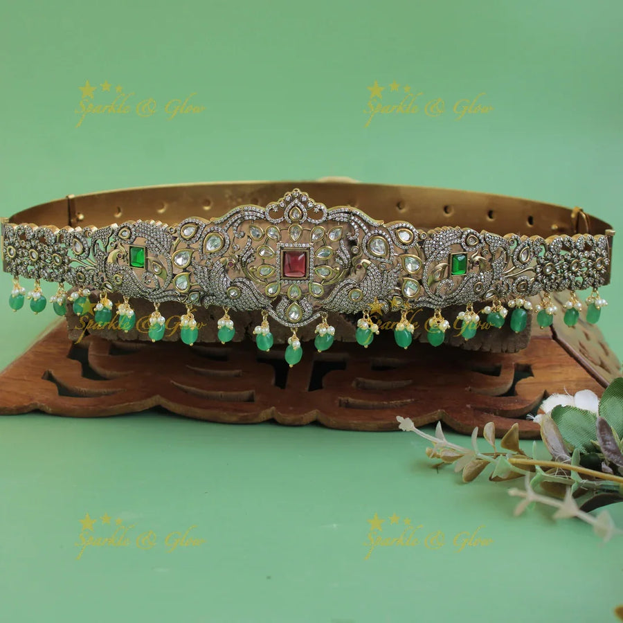 Beautiful peacock floral design black finish victorian ad hipbelt with multi colour stones and mint green beads - Sparkle and Glow