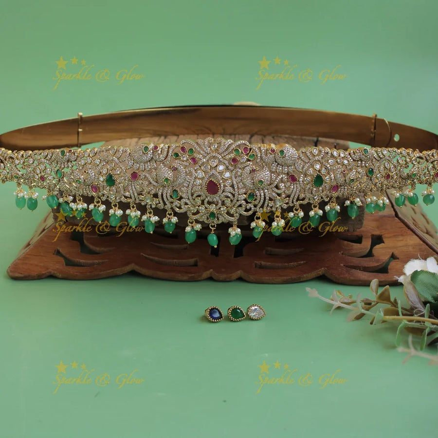 Statement Floral peacock design gold finish victorian ad hipbelt with interchangeable stones and mint green beads - Sparkle and Glow