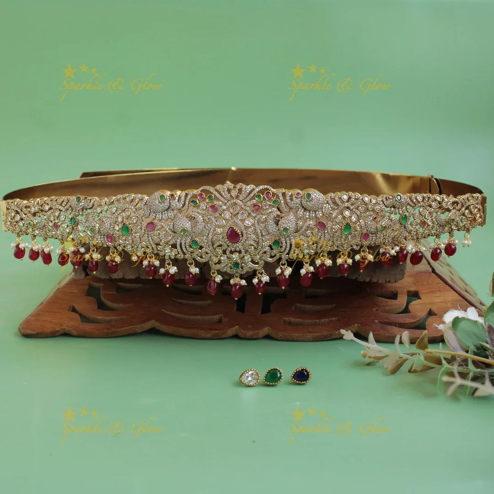 Statement Floral peacock design gold finish victorian ad hipbelt with interchangeable stones and mint green beads - Sparkle and Glow