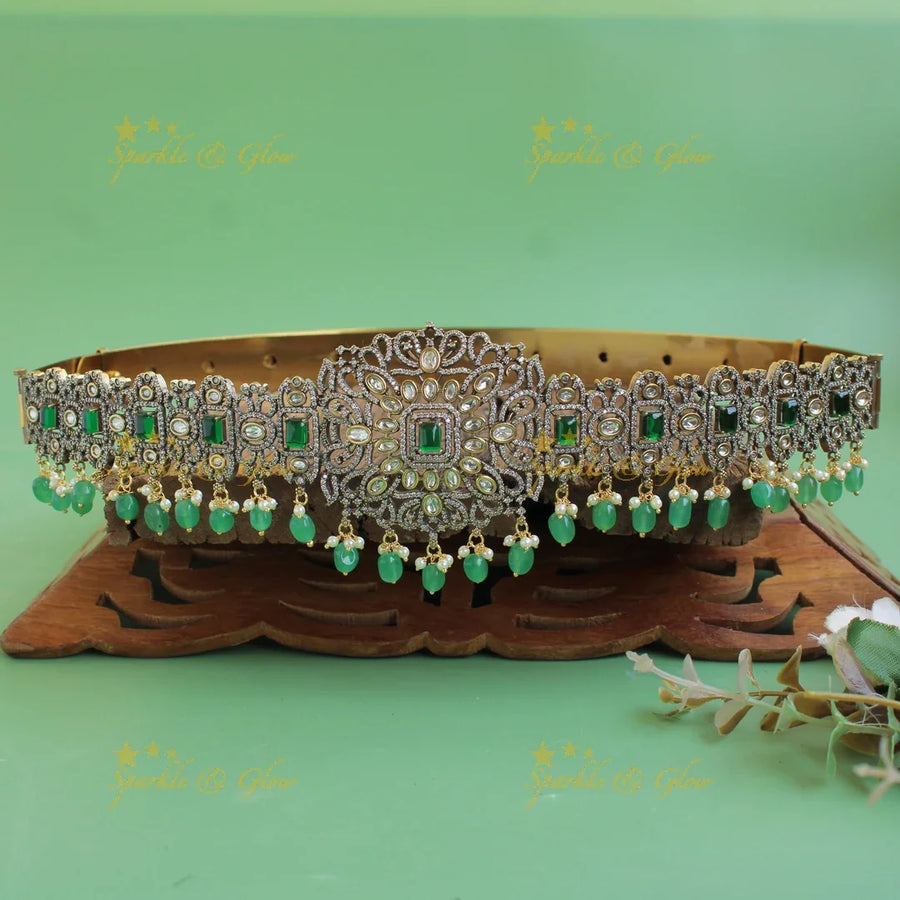 Exclusive Floral leaf design black finish victorian ad hipbelt with green stones and mint green beads - Sparkle and Glow