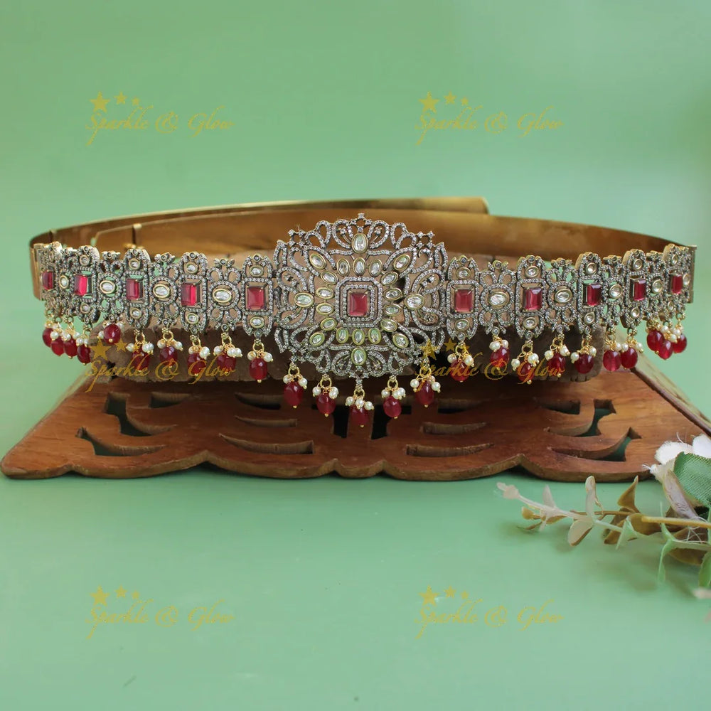 Exclusive Floral leaf design black finish victorian ad hipbelt with green stones and mint green beads - Sparkle and Glow
