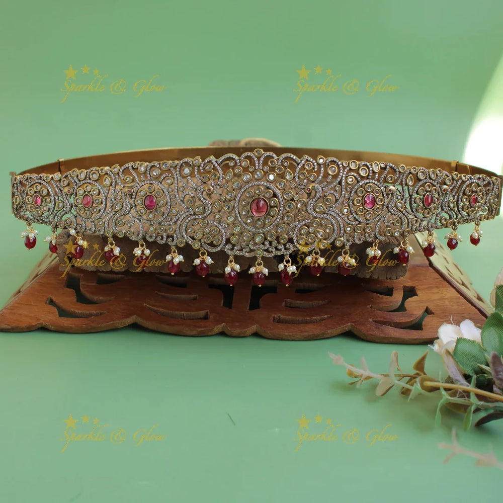 Exclusive Floral peacock design dual finish victorian ad hipbelt with red stones and red beads - Sparkle and Glow