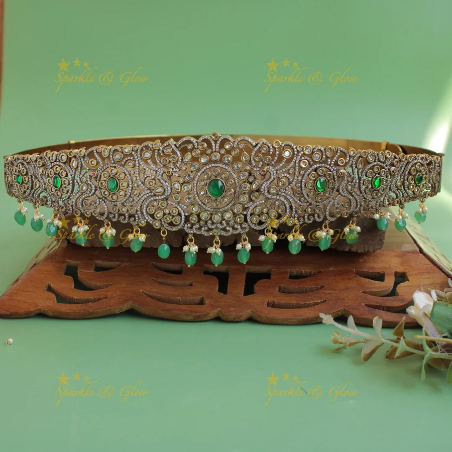 Exclusive Floral peacock design dual finish victorian ad hipbelt with red stones and red beads - Sparkle and Glow