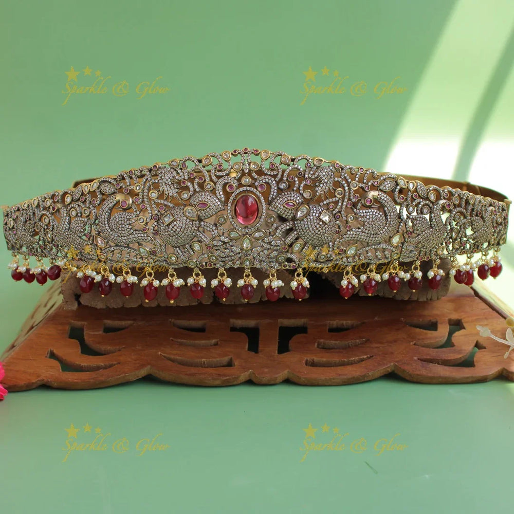 Elegant Elephant peacock carved gold finish victorian ad hipbelt with ruby and red beads - Sparkle and Glow