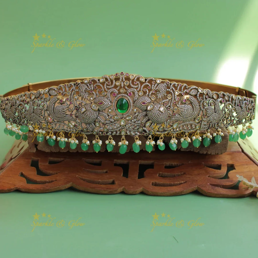 Elegant Elephant peacock carved gold finish victorian ad hipbelt with ruby and red beads - Sparkle and Glow