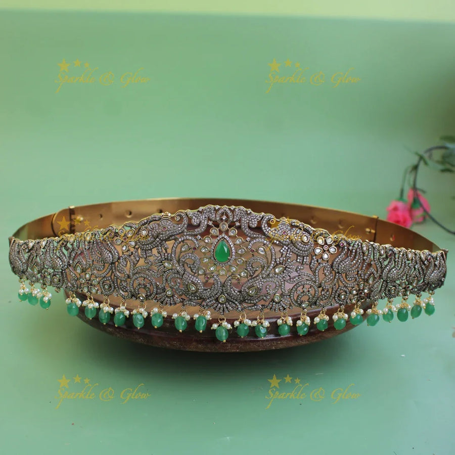 Beautiful Elephant peacock floral design black finish victorian ad hipbelt with emerald and mint green beads - Sparkle and Glow