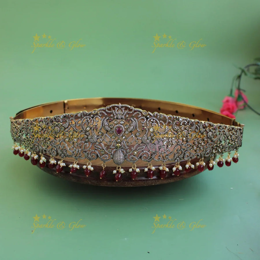 Beautiful Peacock floral design black finish victorian ad hipbelt with stones and maroon beads - Sparkle and Glow