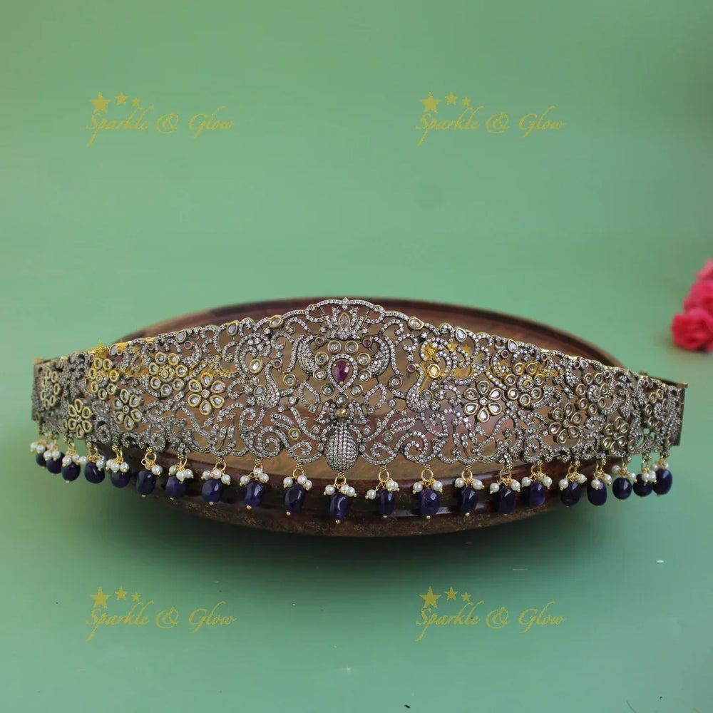 Beautiful Peacock floral design black finish victorian ad hipbelt with stones and maroon beads - Sparkle and Glow