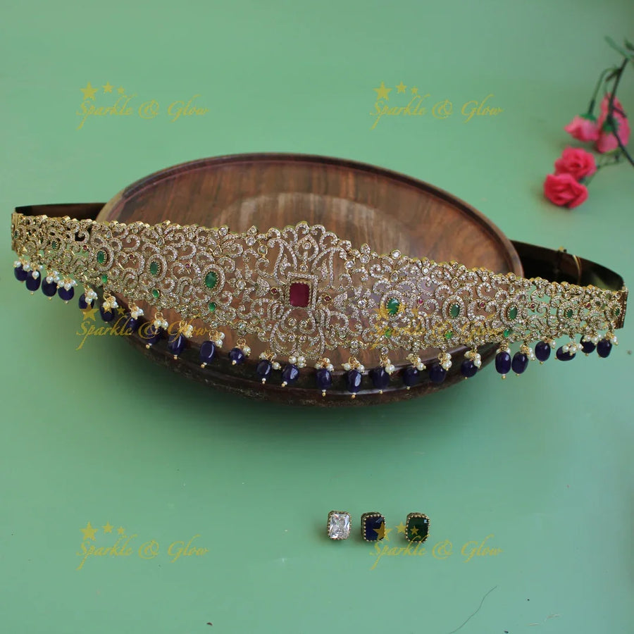 Statement Peacock floral design gold finish victorian ad hipbelt with interchangeable stones and maroon beads - Sparkle and Glow