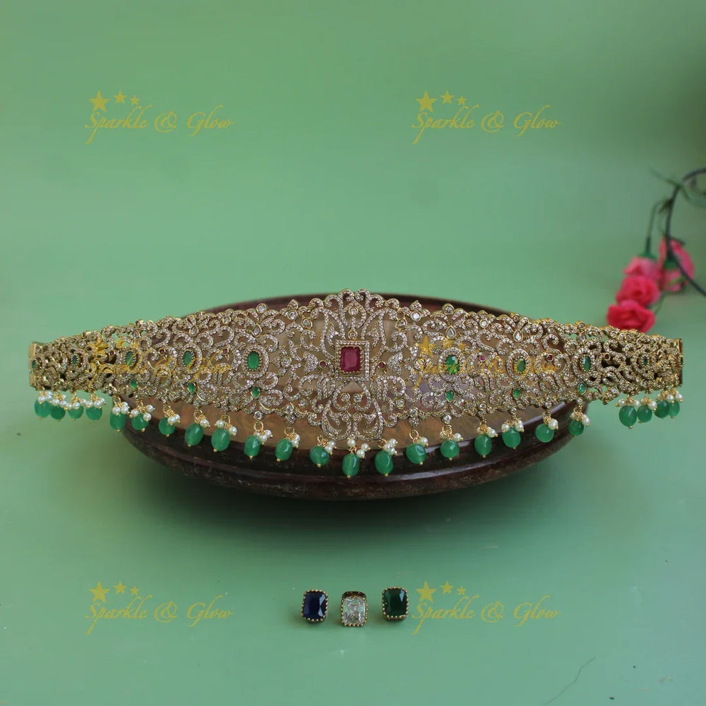 Statement Peacock floral design gold finish victorian ad hipbelt with interchangeable stones and maroon beads - Sparkle and Glow